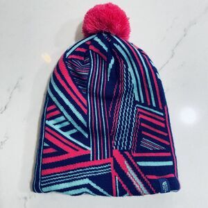 The North Face Girls M Beanie Hat Fleece Lined Pom Fuchsia Pink Bright Snow Ski